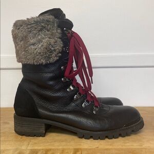Santana Novella lace up black leather winter faux fur trim boots women’s size 10
